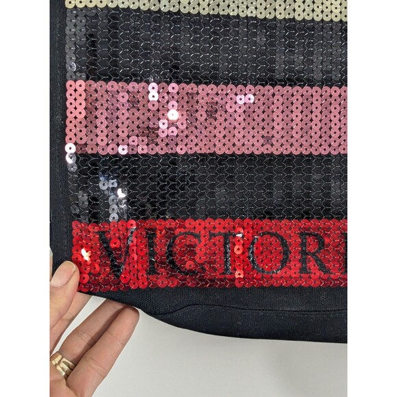 VICTORIA'S SECRET BLACK SEQUIN STRIPE WEEKENDER BAG GETAWAY CARRY ON LARGE TOTE - Picture 4 of 9